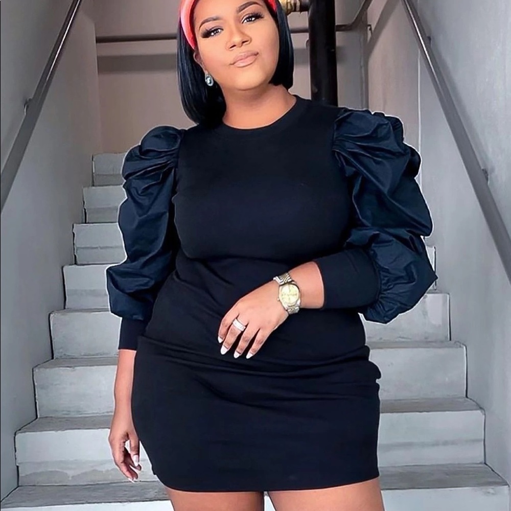 Puff sleeve Mini, bodycon Dress - Black
